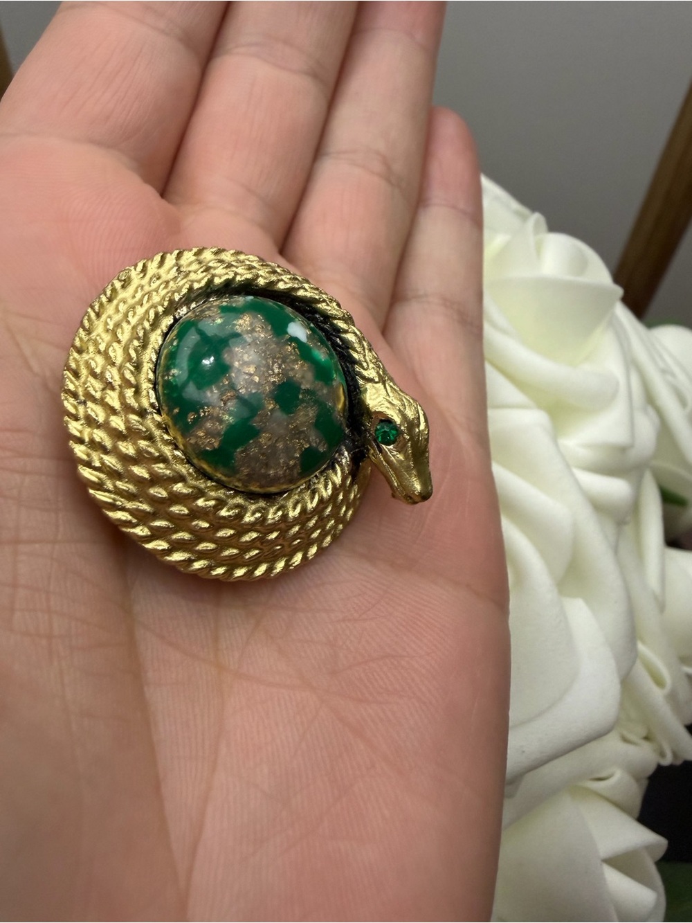 Vintage Gold Snake Coil Brooch with Green and Gold Accented Cabochon